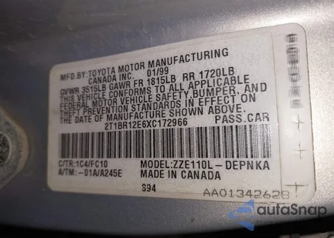 1999 Toyota Corolla Le from USA, damaged, VIN 2T1BR12E6XC172966